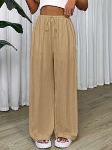 SHEIN EZwear Drawstring Waist Wide Leg Pants - Khaki - View 5