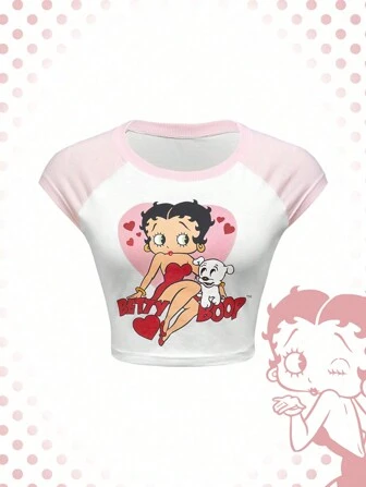 Betty Boop | ROMWE Camiseta corta de ajuste ceñido con  de color, estampado de personaje de dibujos animados y letras, mangas raglán, para verano, camiseta de bebé para mujer, escuela