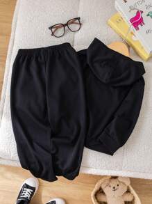 2pcs Young Boys' Casual Loose Fit Hooded Black Sweatshirt And Pants Set Featuring Cute Bear & English Print, Suitable For Travel, School, Spring, Autumn And Winter