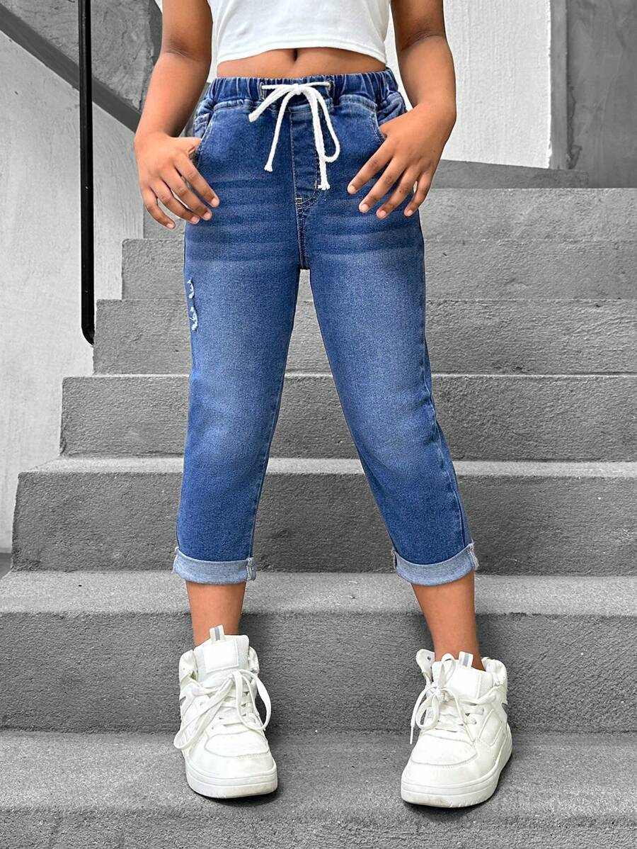 SHEIN Tween Girls' Summer Drawstring Waist Ripped Rolled Hem Casual Skinny Jeans With Pockets - Medium Wash - View 1