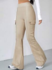 SHEIN EZwear Stretch Pull-On Kick Bootcut Cargo Pants - Khaki - View 5