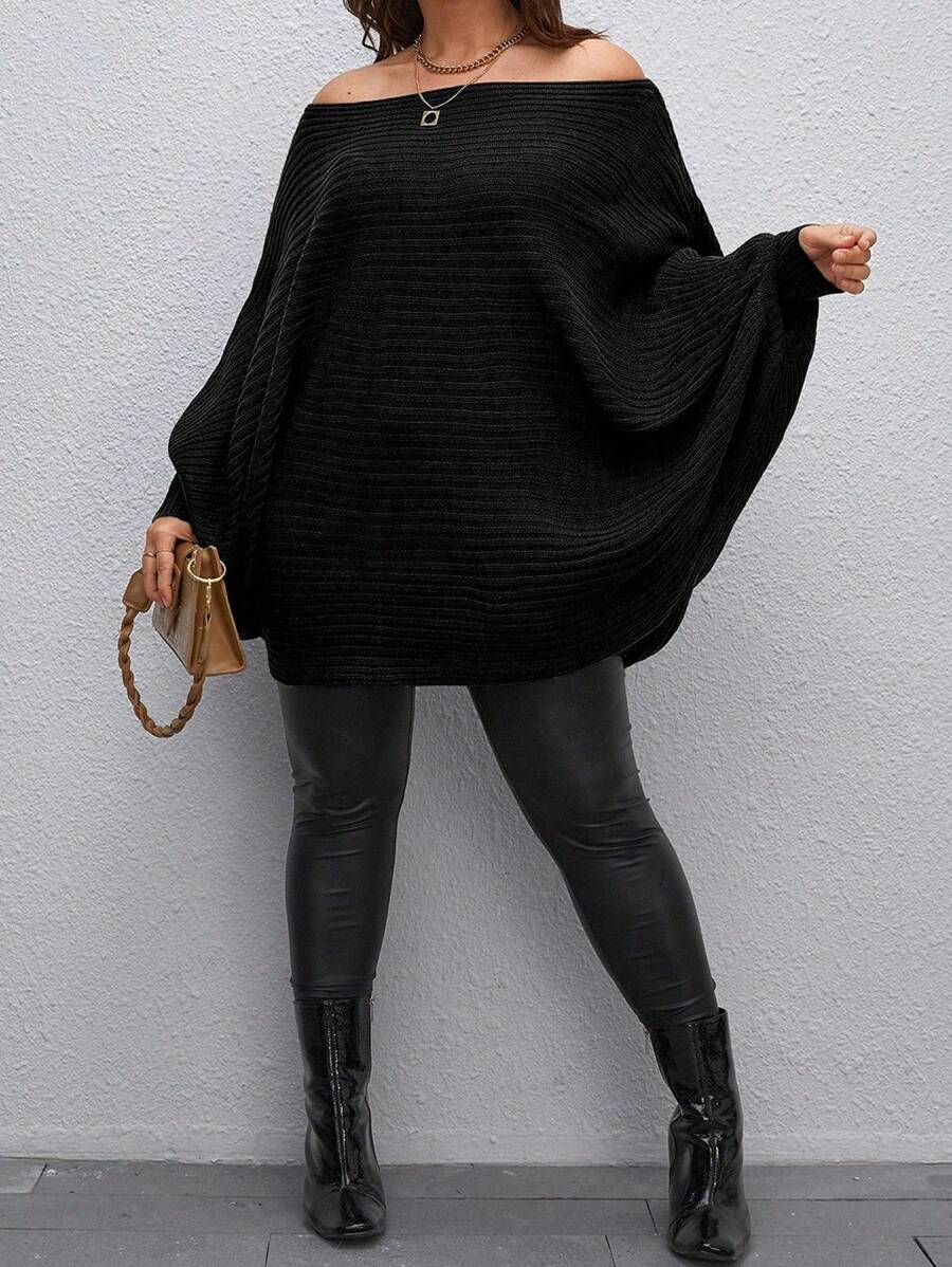 SHEIN CURVE+ Plus Off Shoulder Batwing Sleeve Sweater Knit Pullover Fall Winter Outfit Autumn