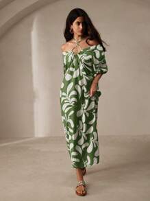 Anewsta 女士植物印花露肩交叉挂脖连衣裙 长款女装