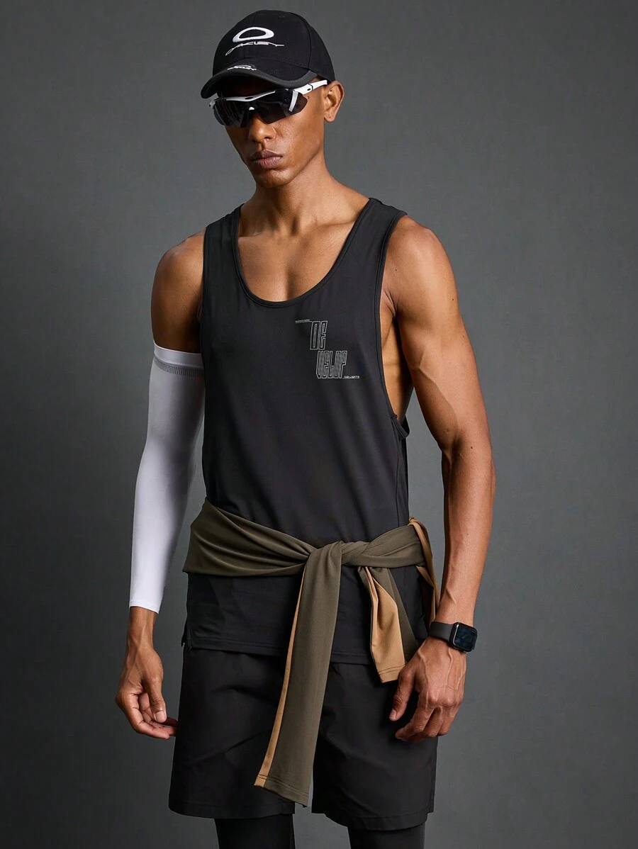 Manfinity Acti Log Boyfriend Style Men's Letter Print Round Neck Everyday Gym Sports Tank Top - Black - View 1