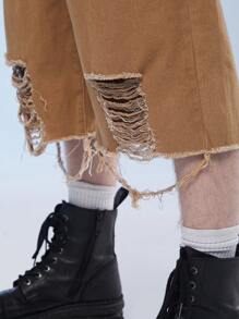 Manfinity Roghcode 男士低腰寬腳磨破丹寧短褲，帶破損邊緣和口袋，街頭風格 - 棕色 - 查看 6