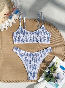 SHEIN Swim 女士夏季海灘花卉印花抽褶無肩帶性感比基尼套裝，隨機印花 - 彩色 - 查看 4