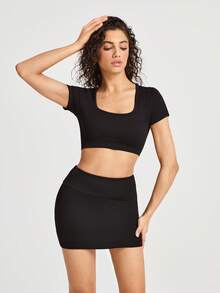 Easithlete Falda deportiva de yoga de cintura alta para mujer, unicolor y ajustada al Body - Negro - Ver 6