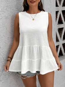 SHEIN LUNE Áo ba lỗ cổ tròn màu trơn cỡ lớn có viền xếp nếp, trang phục thường ngày mùa hè - trắng - Xem 4