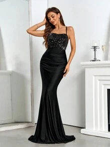SHEIN Belle Trang phục dự tiệc tối trang trọng hở lưng bằng vải satin cạp cao, váy dài cho nữ, váy đêm hẹn hò, váy dạ hội bán trang trọng, cho sinh nhật, khách dự tiệc cưới, tiệc tốt nghiệp, váy maxi quyến rũ, váy dạ hội thanh lịch bốn mùa lễ hội, váy dạ hội - màu đen - Xem 3