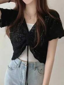 Áo dệt kim nữ cổ chữ V khoét rỗng, có dây rút, màu đen, thích hợp cho mùa hè. - màu đen - Xem 2