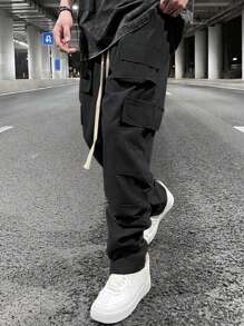 Claim Dot 男士休闲纯色抽绳腰工装裤，秋季 - 黑色 - 查看 3