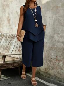 EMERY ROSE Plus Size Women's Simple Navy Blue Sleeveless Top And Seven-Point Pants 2pcs Set - Navy Blue - View 4
