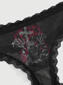 ROMWE 3pcs Gothic Style Dark Skull Printed Lace Trimmed Narrow Edge Panties Set - Black - View 4