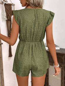 SHEIN LUNE 女款純色V領短袖連體褲，單排釦扣設計，適合度假或休閒穿著 - 綠色 - 查看 2