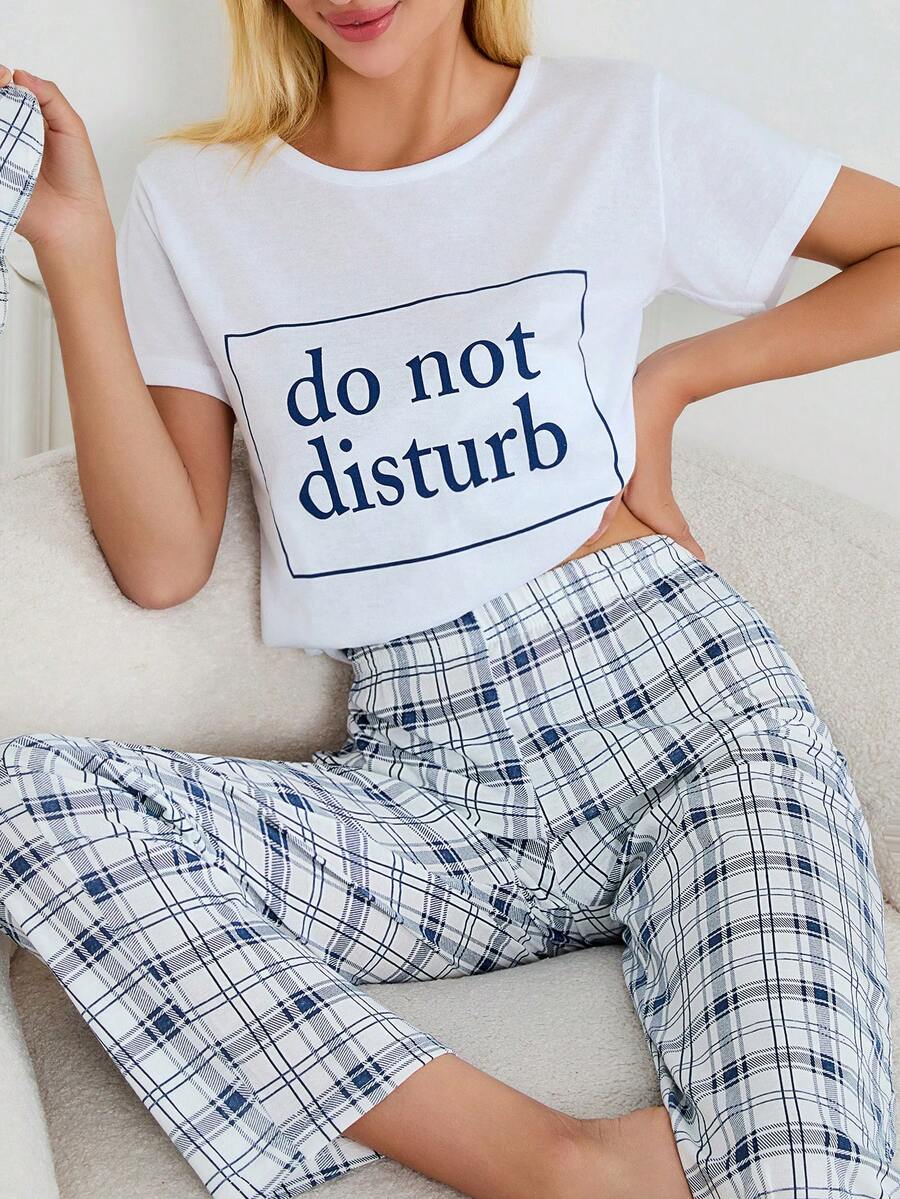 RueChic 2 件标语印花细节袖衬衫和格子印花细节睡裤睡衣套装 - 白色 - 查看 1