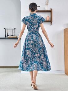 Modelyn 1 件植物图案前扣旗袍、旗袍/改良现代旗袍中式连衣裙 - 藍色 - 查看 2