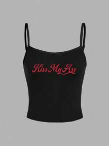 SHEIN EZwear Áo ba lỗ in chữ tiếng Anh gợi cảm thường ngày cho nữ, Áo ba lỗ mùa hè - màu đen - Xem 6