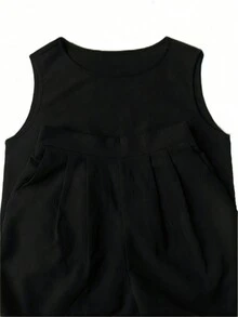 Simple Solid Color Casual Pants & Tank Top Two Pieces Set Black Summer - Black - View 3