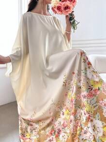 Yasmyna Váy Kaftan tay cánh dơi in hoa, váy Ả Rập dài tay giản dị - Màu be - Xem 3