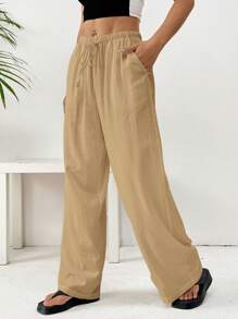 SHEIN EZwear Loose-Fit Khaki Woven Linen Women's Casual Trousers - Khaki - View 6
