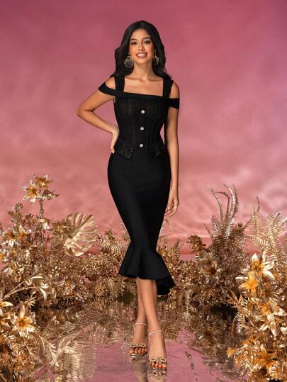 Vestido preto estilo sereia com bainha bandagem bodycon, vestido de festa de coquetel, vestido de baile elegante, semi formal, vestido de convidado de casamento, para aniversário, formatura, jantar, baile de formatura