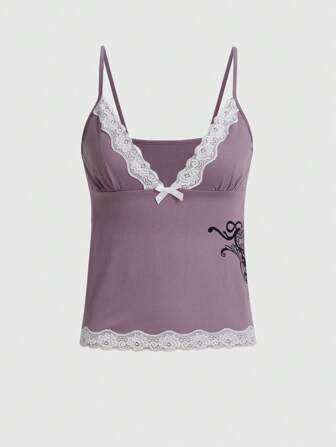 Sommer Camisole-Top mit Farbblock Spitze und Weinblatt Muster