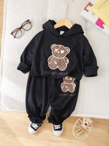 2pcs Young Boys' Casual Loose Fit Hooded Black Sweatshirt And Pants Set Featuring Cute Bear & English Print, Suitable For Travel, School, Spring, Autumn And Winter
