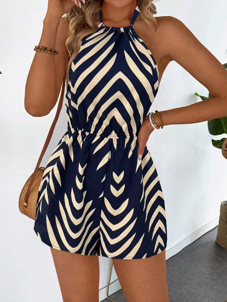 Breezaya (Spring/Summer) Elastic High Waist Leaf Print Shorts With Neck Hanging Strap - Blue - View 1