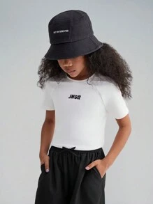 SHEIN Tween Girl Short Crop Top With Raglan Sleeve And Letter Print - White - View 1