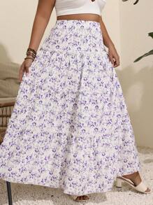SHEIN VCAY Jupe longue à fleurs Ditsy décontractée pour grandes tailles - Prune - Voir 6