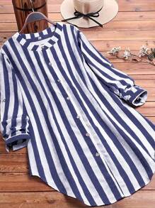 SHEIN LUNE Camisa de manga larga sencilla impresa con rayas para mujer de talla grande para uso diario - Azul Marino - Ver 4