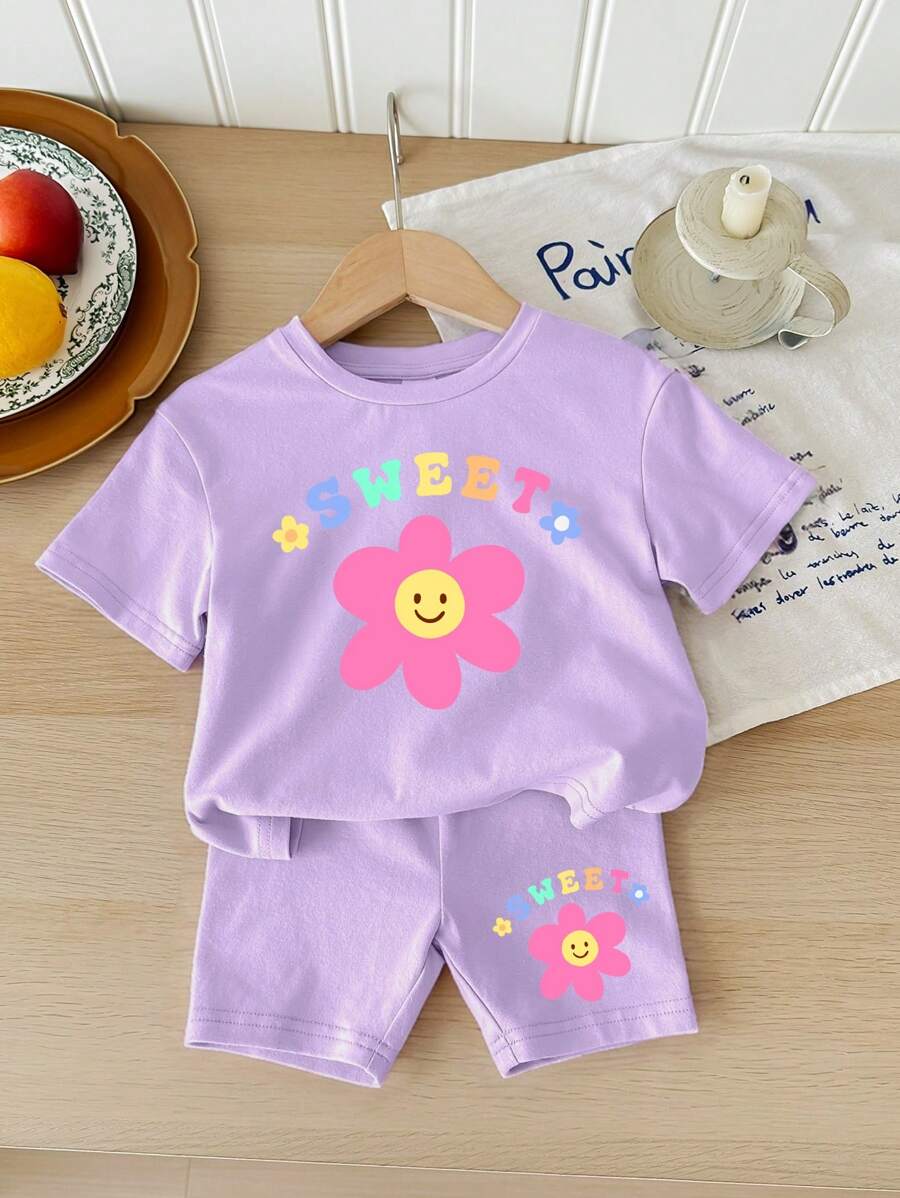 SHEIN Bộ đồ bé gái tay ngắn họa tiết hoa đơn giản thường ngày và quần short, phù hợp cho mùa hè màu tím cho bé gái Bộ đồ bé gái mùa hè - Màu tím hoa cà - Xem 1