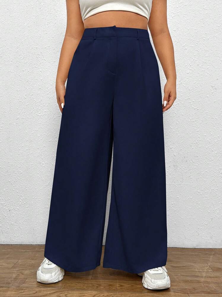 SHEIN EZwear Plus碼實色寬腿褲 - 藏蓝色 - 查看 1