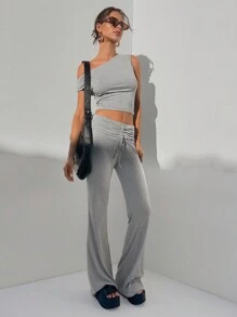 Aloruh Flower Gray Knitted Set, T-Shirt And Pants 2pcs - Grey - View 4