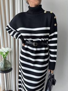 EURMUSE Women's Knitwear Dress With Gold Coloured Buttons - Black and White - View 5