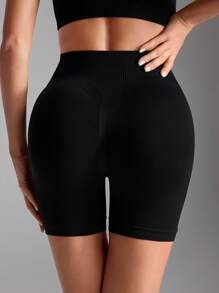 Gameset SHEIN Sport 實心高腰無縫修身運動短褲 - 黑色 - 查看 2