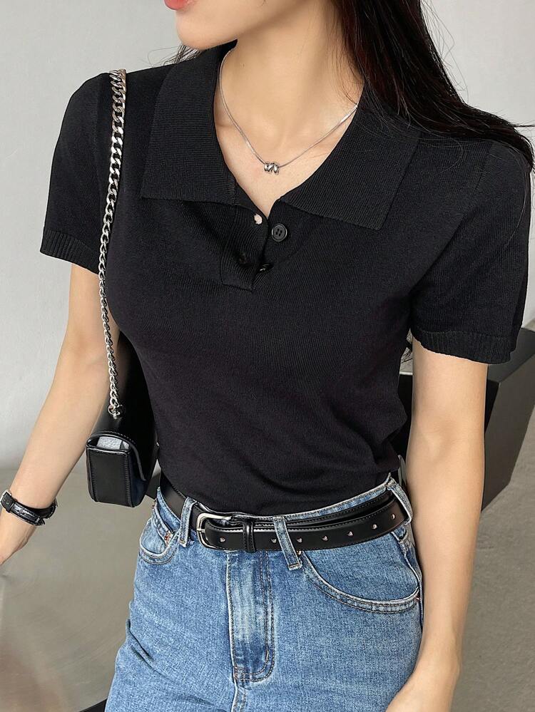 Business Casual Style Solid Color Short Sleeve Knit Top