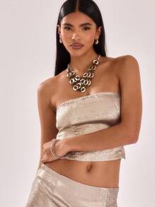 MUSERA Metallic Bandeau Style Longline Crop Top Vacation Spring Summer - Khaki - View 1