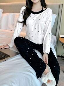 DAZY Polka Dot Printed Fleece Wave Edge 2 In 1 Halter Home Cozy Outfit Lounge Set Fall, Winter Clothes