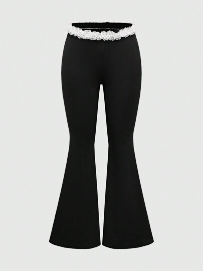 Kawaii Pantalon long évasé pour femmes avec dentelle et taille basse Y2K