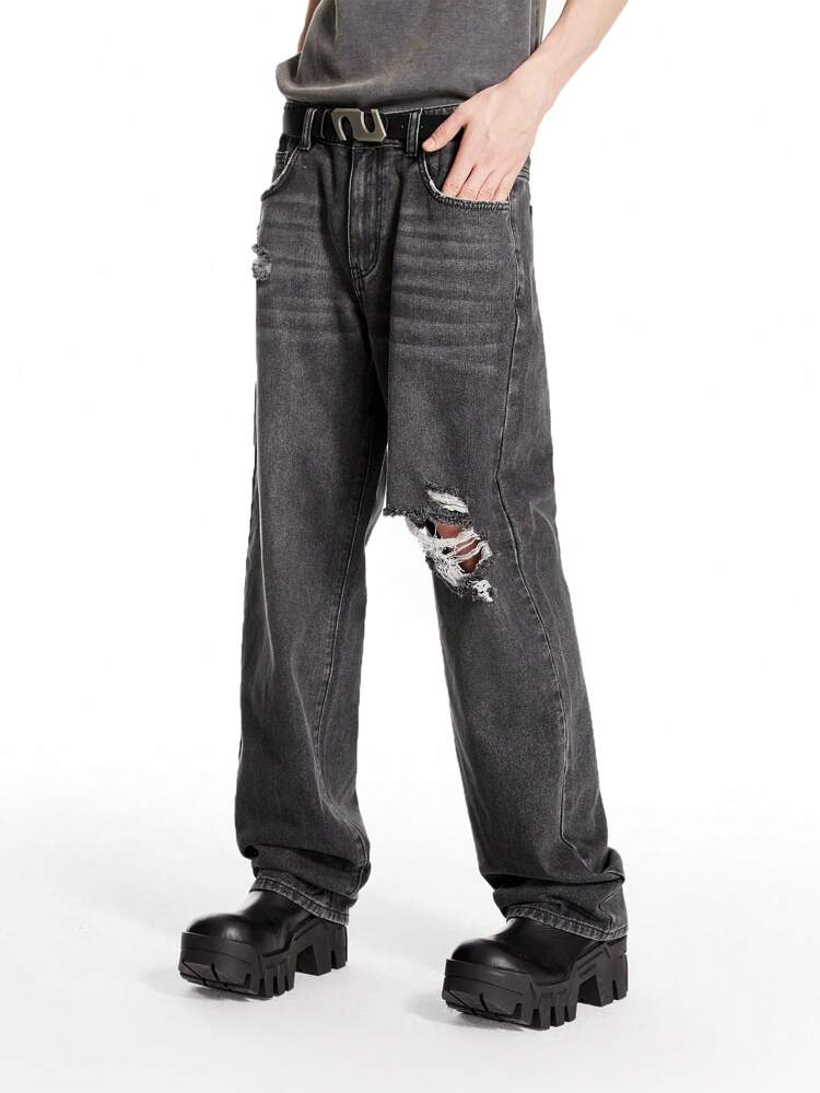 Men's Dark Grey Ripped Loose Flare Denim Jeans