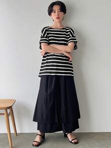 FRIFUL 女士夏季條紋印花圓領短袖休閒T恤 - 黑色 - 查看 2