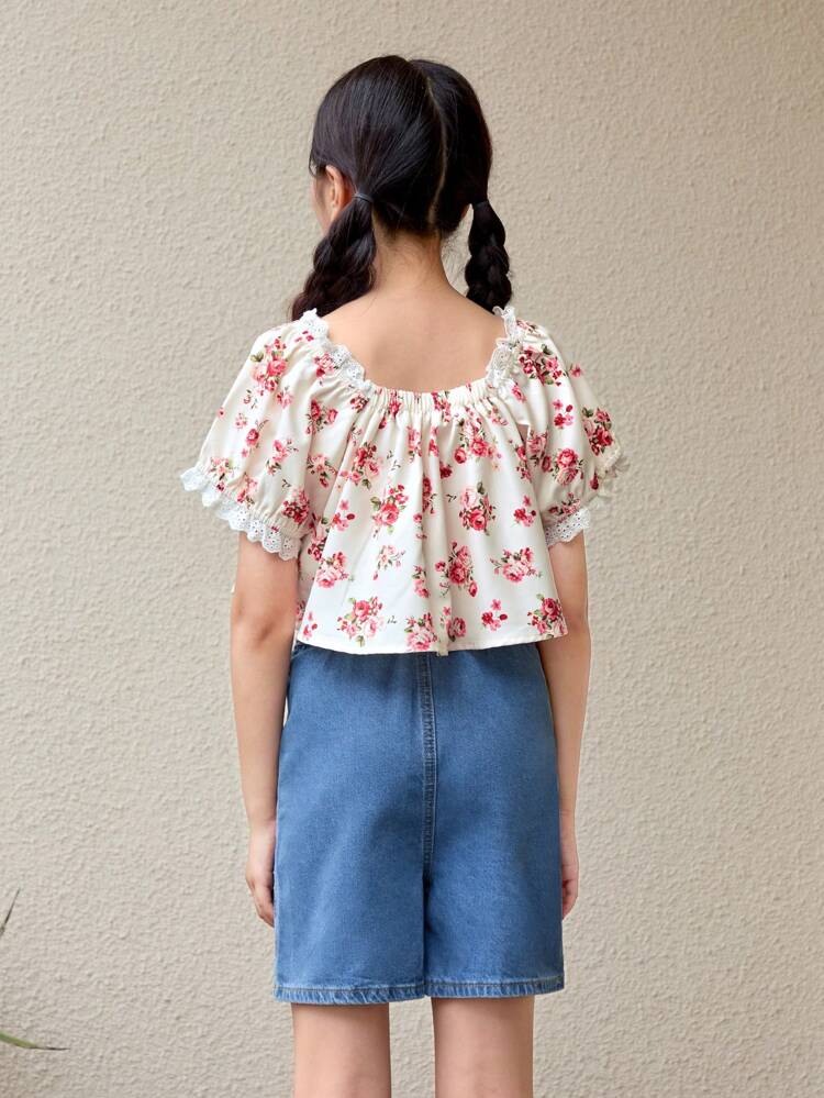 Tween Girl Ditsy Floral Shirt And Front Button Denim Skirt Casual 2pcs Set