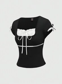 ROMWE Kawaii Square Neck Lace Stitching Puff Sleeve 2 In 1 Ballet Style Colorblock Women's T-Shirt, School - Black - View 5