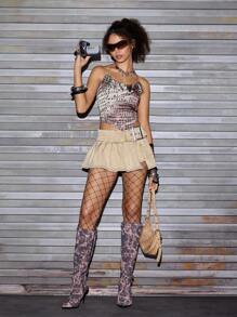 Vitoria Brayner Artist 女士夏季字母印花拼接荷叶边下摆休闲短款露背上衣，假日、度假、春季、海滩、外出、节日、伊比沙岛装扮、西方服饰