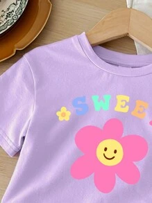 SHEIN Bộ đồ bé gái tay ngắn họa tiết hoa đơn giản thường ngày và quần short, phù hợp cho mùa hè màu tím cho bé gái Bộ đồ bé gái mùa hè - Màu tím hoa cà - Xem 3