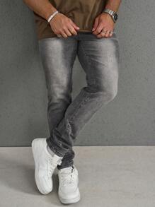 Manfinity Homme 男士純色簡約日常拉鍊灰色牛仔褲 - 灰色 - 查看 4