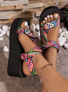 女款楔形涼鞋，粗布面料鞋面，舒適EVA泡沫鞋底，歐美風夏季時尚沙灘鞋 - 彩色 - 查看 6