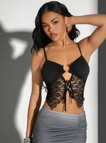 SHEIN Unity Top de tirantes de mujer con encaje de contraste y cordones delanteros - Negro - Ver 6