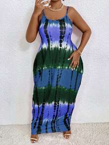 LONESS Plus Size Tie Dye Resort Casual Dress With Spaghetti Straps - Multicolor - View 3